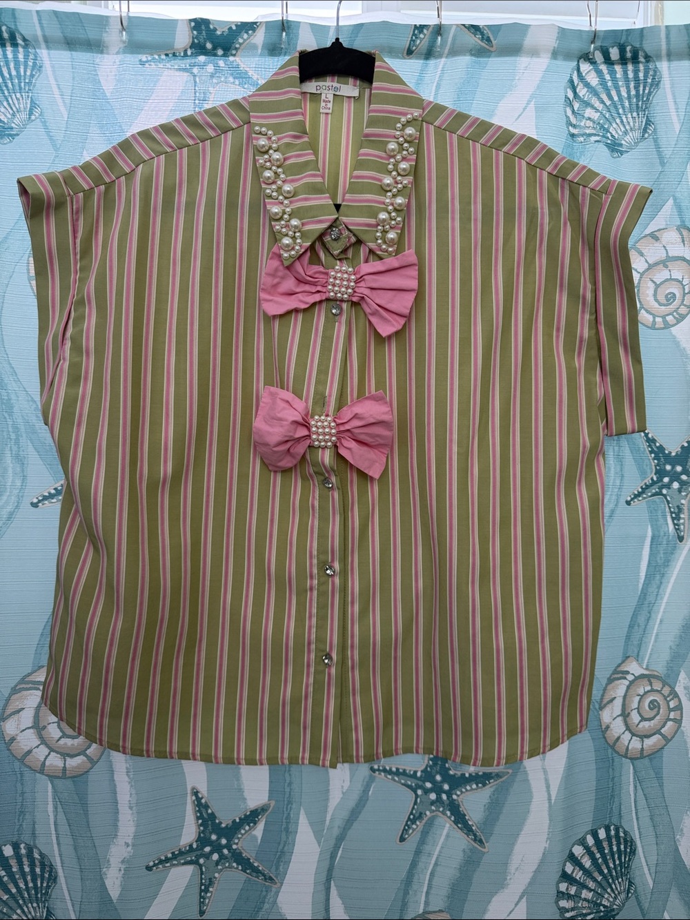 Pastels Olive and Pink Striped Pearl-Collar Blouse with Pink Bows
